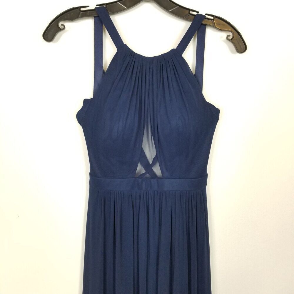 La Femme Women Keyhole Elegant Formal Gown Sz 4 Navy Chiffon Open Back Event - Picture 3 of 8